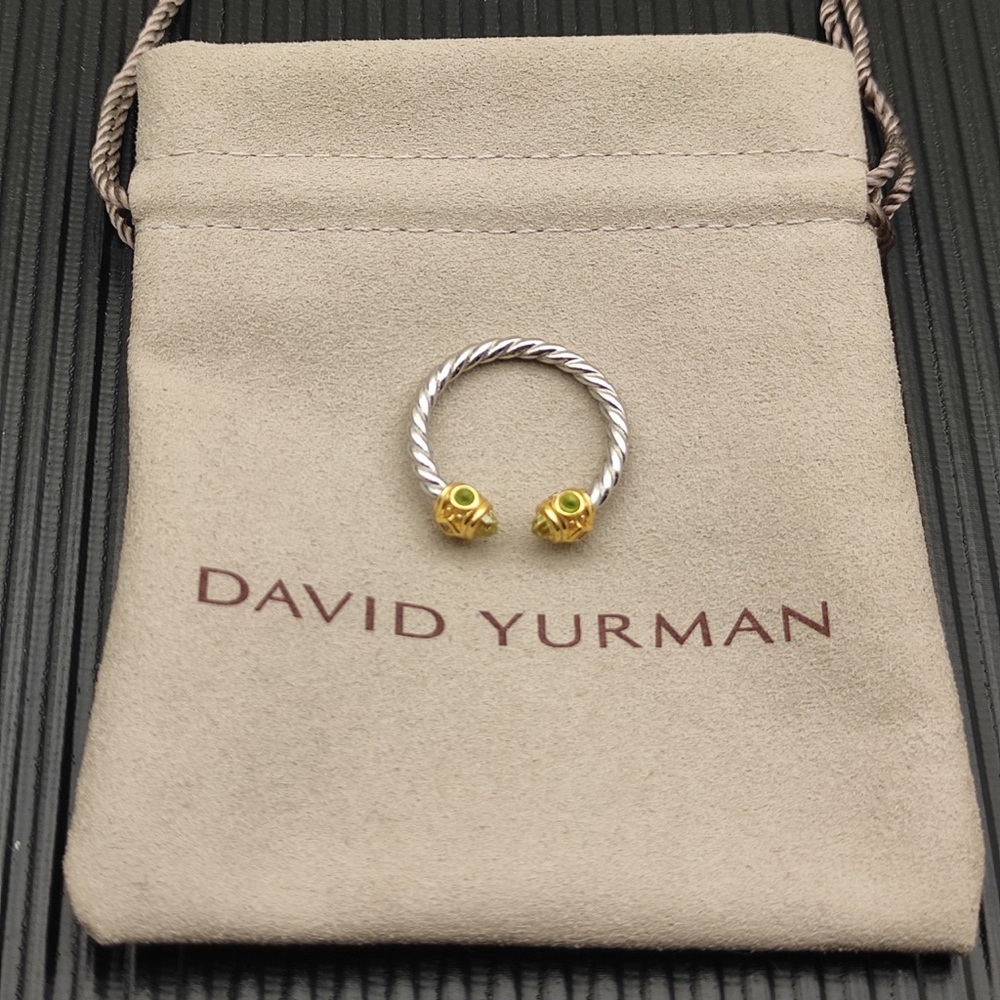 David ✨Yurman Two-Tone Cable Open Ring with Green Stone Accents